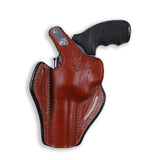 Close up of Solid Brass Snap and Secure Thumb Break on Leather Holster for EAA Windicator
