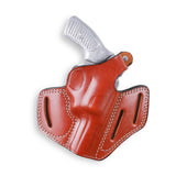 Hand-molded brown leather 3-slot OWB thumb break holster for Ruger SP101 .357 Magnum 3-inch barrel.