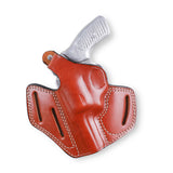 Hand-molded brown leather 3-slot OWB thumb break holster for Ruger SP101 .357 Magnum 3-inch barrel.