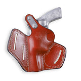 Rear view of 3-slot leather belt holster showing versatile carry positions for Ruger SP101.