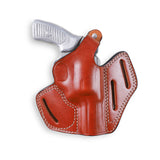 Rear view of 3-slot brown leather belt holster showing versatile carry positions for Ruger SP101.
