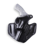Hand-molded  black leather 3-slot OWB thumb break holster for Ruger SP101 .357 Magnum 3-inch barrel.