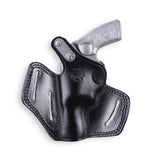 Rear view of 3-slot leather belt holster showing versatile carry positions for Ruger SP101.