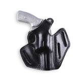 Rear view of 3-slot black leather belt holster showing versatile carry positions for Ruger SP101.