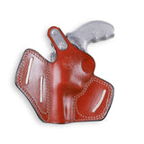 Close-up of Hand-Stitched Vegetable-Tanned Leather and Brass Snap on Pusat Holster